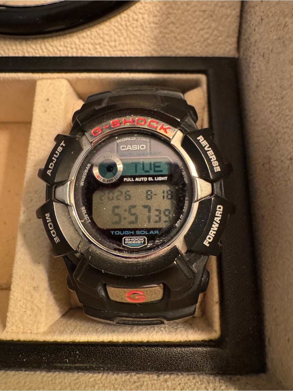 Casio G-Shock Solar Black and Red Digital Tough Solar Watch.